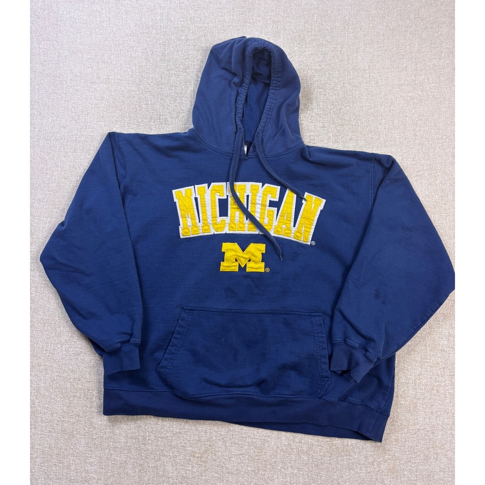 E5 Michigan Wolverines Hoodie Mens 2X Navy Blue Tackle Twill Applique Pullover